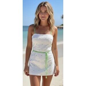 GABAR Vintage 70s White Green Dots Belt Tassels Flower Bathing Swimsuit Fits XS